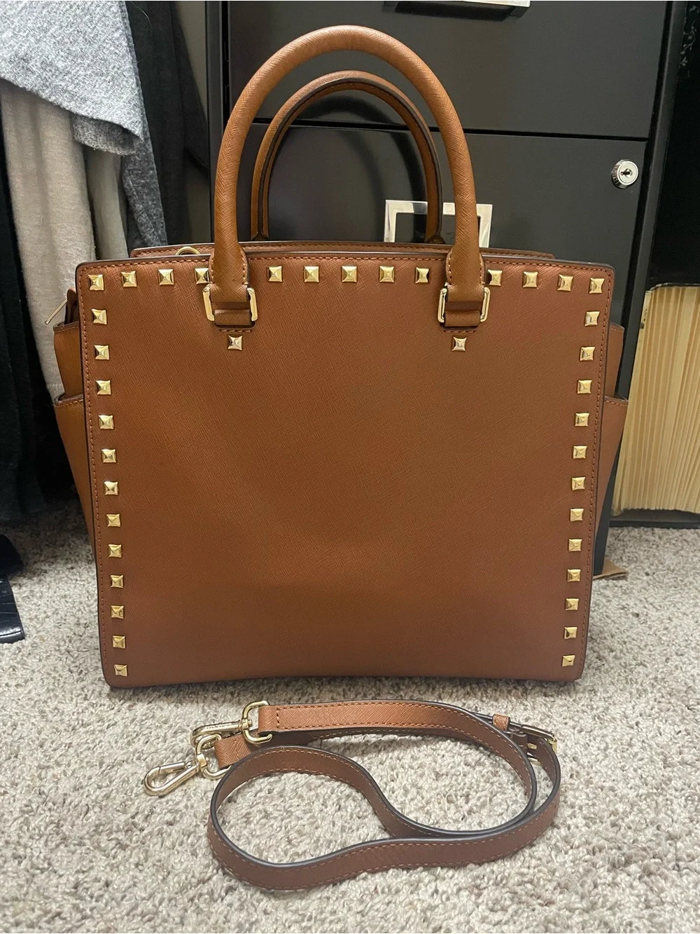 Michael Kors Brown Saffiano Leather Studded Satchel